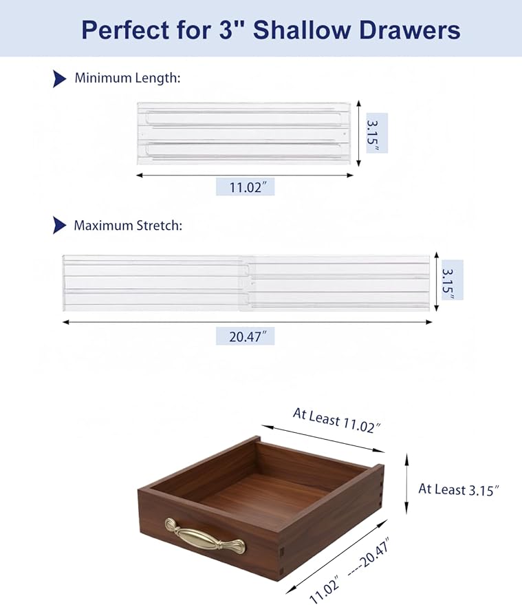 5 Pack Clear Drawer Dividers - Adjustable & Expandable Dresser Organizers, 3" High Plastic Separators with Non-Slip Adhesive for Clothes, Baby Nursery, Bathroom, Kitchen & Makeup