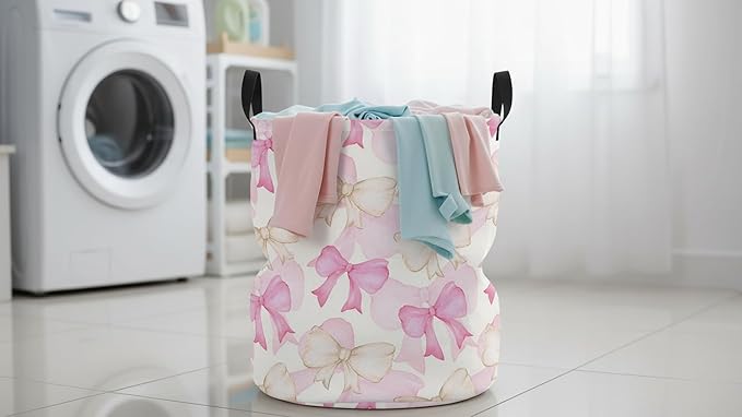 CLOCOR Round Collapsible Flat Storage Basket,Space-Saving Fabric Laundry Hamper for Clothes,Nursery Hamper,Gift Basket(Watercolor Bowknot)