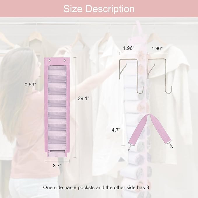 Legging Organizer Storage, T Shirt Organizer, Foldable Hanging Closet Organizer Storage with 16 Roll Independent Compartments for Yoga Pants, Tank Top, Towel, Underwear (Pink)