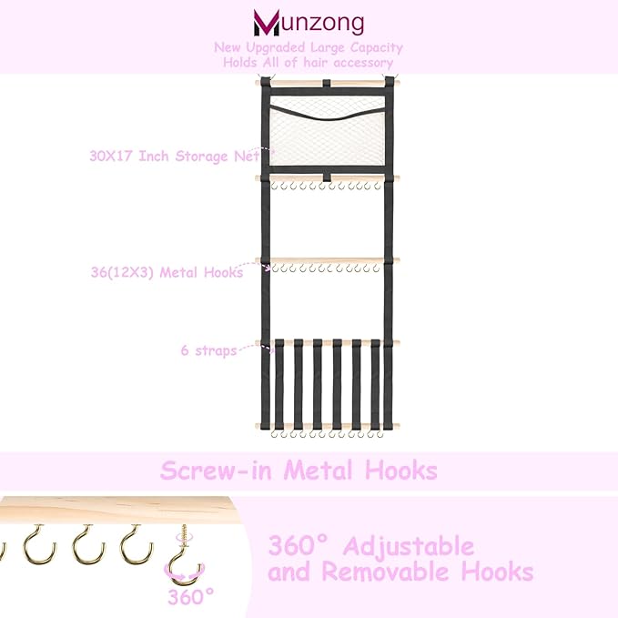 Munzong Headband Holder 52x17 inch, Black Bow Holder for Baby Girls,4 Tier Large Capacity Wall Hanging Headband Shelf w/Mesh Bag,Nursery Hair Accessories Organizer Display Rack for Toddler Kids Women