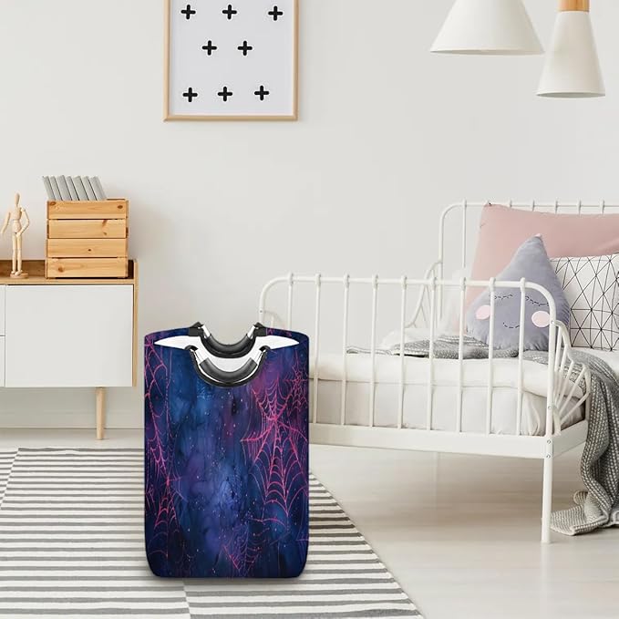 Spiders Web Purple Laundry Hamper,Large Round Halloween Storage Basket,Collapsible Basket Bins for Dirty Clothes Kids Toys Baby Blanket Organizer Nursery Bedroom Bathroom Decor