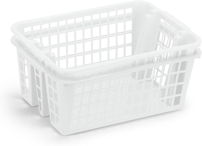 DecorRack Plastic Storage Basket, 13L Bathroom Storage Organizer Bin for Laundry Closet, Pantry or Office with Built In Handles, White (2 Pack)