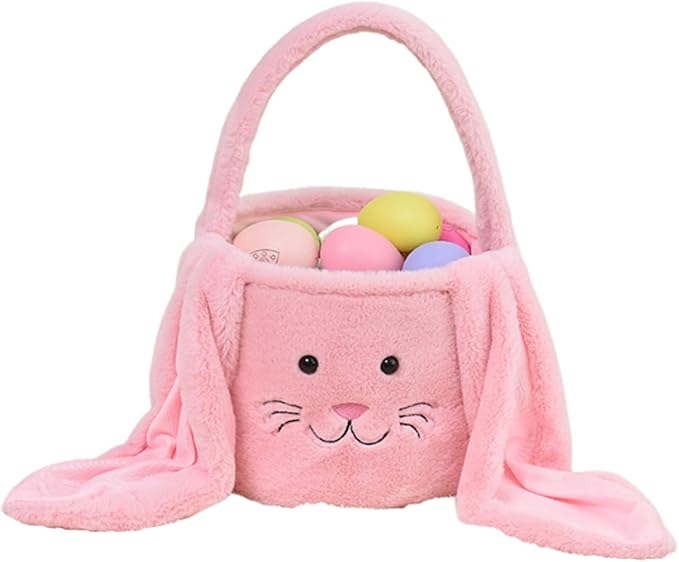 Plush Easter Bunny Basket Bags for Kids, Rabbit Bucket Tote with Long Fluffy Ears, Cute Egg Hunts Party Storage Candy Gifts Carry Bucket Decorations (Pink)