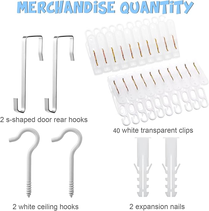 Hotop 2 Pcs Stuffed Animals Storage Chain Hanging Stuffed Animal Organizer with 40 Plastic Clips 79 Inch Plush Toys Holder with Hooks for Wall Bedroom Hanging Hat Socks Holiday Card (White)