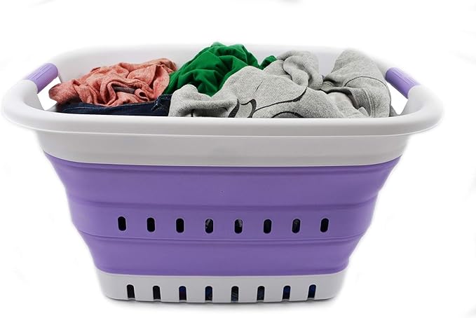 SAMMART 37L (9.77 gallon) Collapsible Plastic Laundry Basket - Foldable Pop Up Storage Container/Organizer - Space Saving Hamper/Basket (1, White/Lt. Purple)
