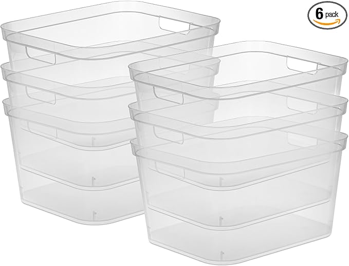 Sterilite 8.25x12.25x15 Inch Modern Polished Storage Bin w/Comfortable Carry Through Handles & Banded Rim for Household Organization, Clear (6 Pack)