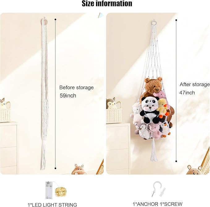 Stuffed Animal Hammock Corner Net Plushies Storage Hammock for Stuffed Animals Boho Room Decor Macrame Wall Decor with LED Light