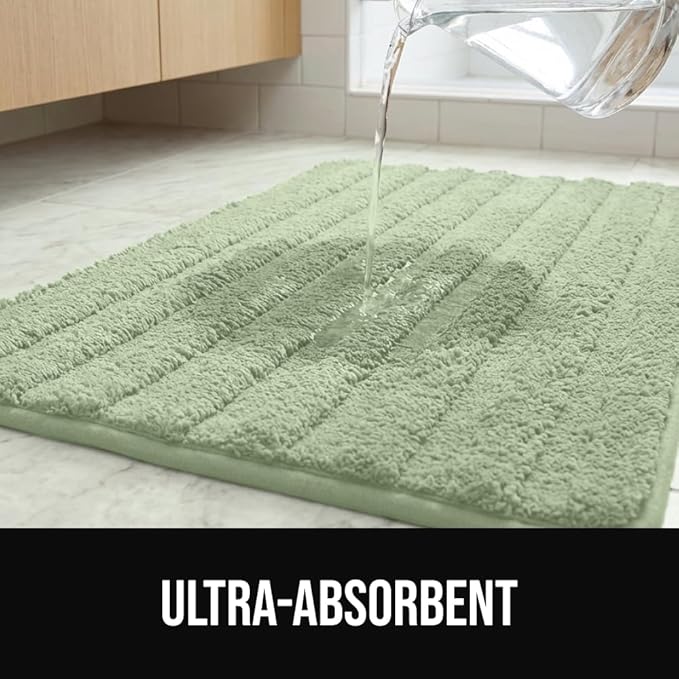 GORILLA GRIP Textured Backing Bathroom Rugs, Soft Memory Foam Absorbent Striped Bath Mats, Machine Washable & Fade Resistant, Bathmat Accessories for Floor, Home Decor Shower Essentials, Sage 34x20