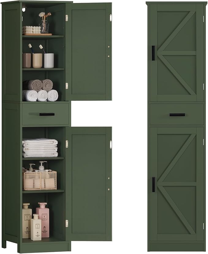 WEENFON Tall Bathroom Cabinet, Storage Cabinet with 6 Shelves & Drawer, Bathroom Storage Cabinet with Adjustable Shelves, Tall Cabinet for Living Room, Home Office, Forset Green