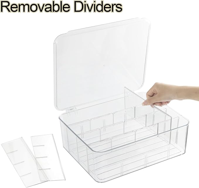 Plastic Clear Storage Containers, Set of 2, Sock Organizer Divided Boxes with Lids, Underwear Drawer Organizer, Tie Dresser Organizer (11.8×9.4×3.9")