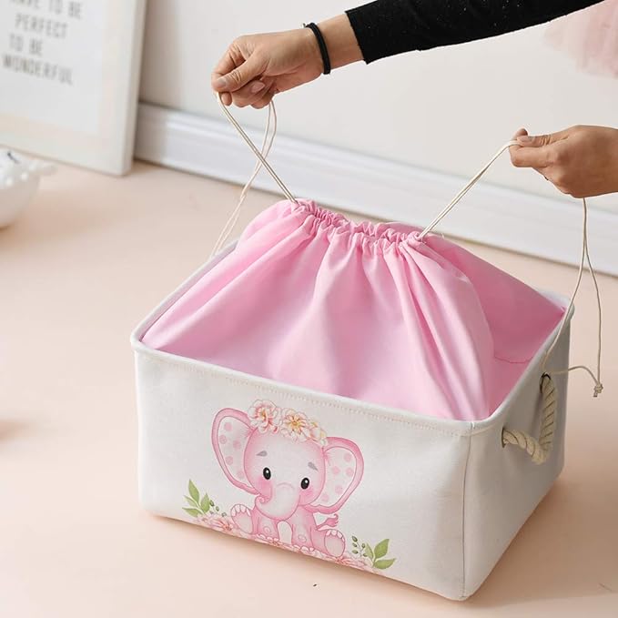 INough Pink Basket Elephant Storage Bins for Kids, Gift Box for Baby,Collapsible Storage Basket for Toys Clothes,Fabric Laundry Baskets for Baby/Kids/Nursery Room (Medium, Pink Elephant)