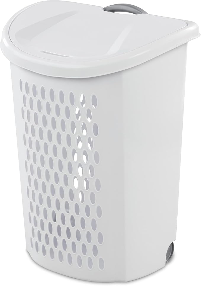 Wheeled Hamper, Plastic Laundry Hamper with Handle for Easy Transport, White