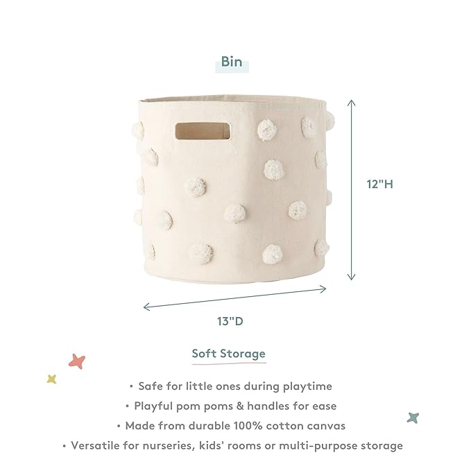 Pehr Pom Pom Trio Bundle, Grey | Bin, Pint & Mini | 100% Cotton Canvas, Handmade Decorative Organizers | Stylish Nursery & Playroom Storage, Durable & Functional