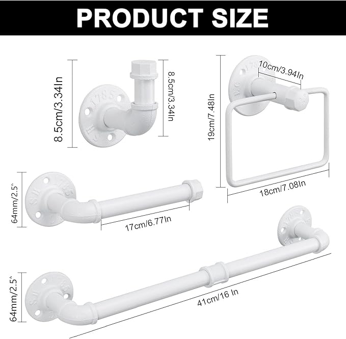 4-Pieces Industrial Pipe Bathroom Towel Ring Kit DIY Wall Mount Accessories Kit Includes Robe Hook Towel Bar and Towel Ring (White 16 inch)