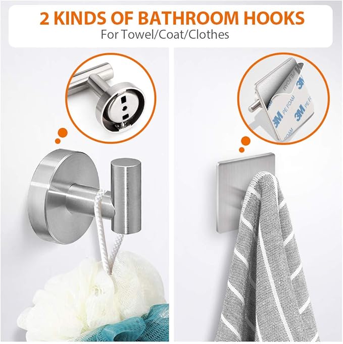 5-Pieces Bathroom Hardware Set Brushed Nickel SUS304 Stainless Steel Round Wall Mounted - Includes 24" Hand Towel Bar, Toilet Paper Holder, 3 Robe Towel Hooks, Bathroom Accessories Kit