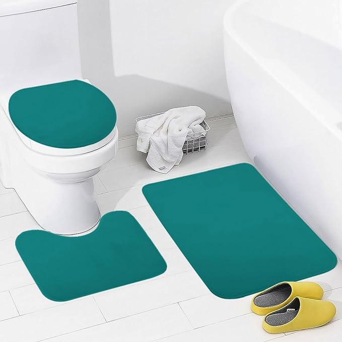 3 Pieces Bath Rug Sets, Teal Blue Trend Color Bathroom Mat Set Non Slip U Shaped Contour Rug & Toilet Lid Cover