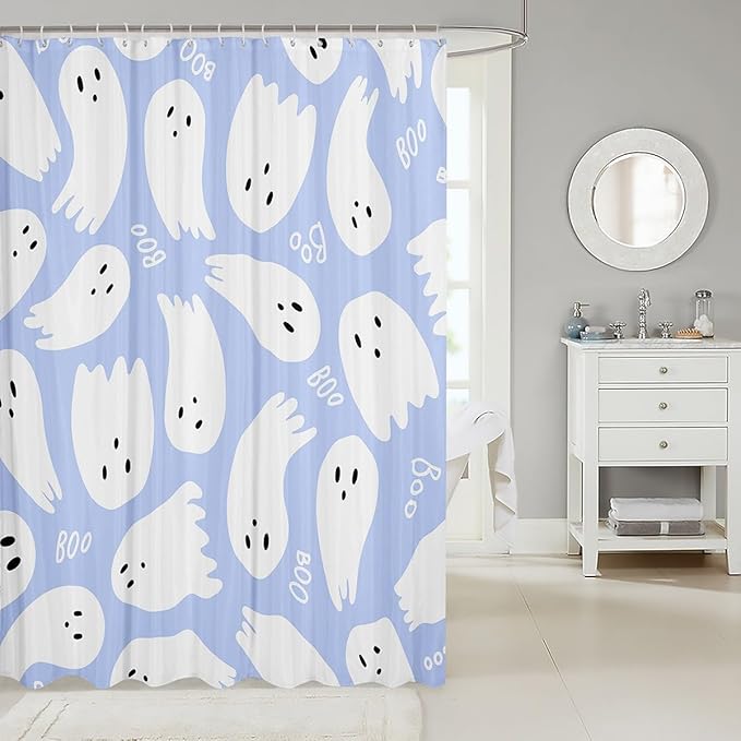 Happy Halloween Shower Curtains,Watercolor Taro Purple Paint Print Bath Curtain,Kids Skull Ghost Cloth Fabric Bathroom Decor Set with Hooks,84" Long