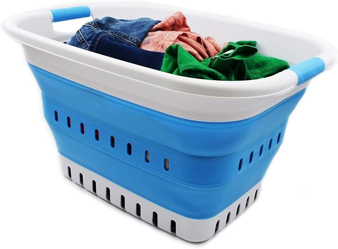 SAMMART 37L (9.77 gallon) Collapsible Plastic Laundry Basket - Foldable Pop Up Storage Container/Organizer - Space Saving Hamper/Basket (1, White/Marine Blue)