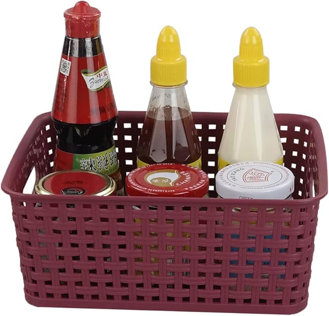 Sandmovie Plastic Weave Storage Baskets for Kitchen Bathroom, Wine Red, 6 Packs, F