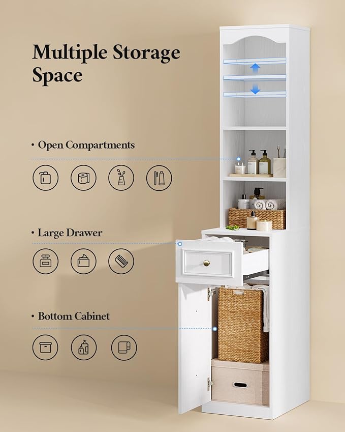 67" Tall Bathroom Storage Cabinet, L-Shaped 6-Tier Narrow Storage Cabinet with Adjustable Shelf, Slim Bathroom Storage Cabinet for Bathroom, Living Room, Home Office, Entryway, White