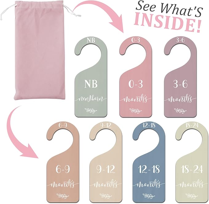 Whaline 7Pcs Boho Wooden Baby Closet Size Dividers with Pink Velvet Bag Newborn to 24 Month Thicken Infant Wardrobe Hanger Organizers for Home Nursery Party Gift Supplies