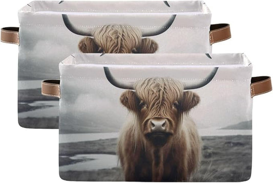 YETTASBIN Highland Cow Storage Basket 2pc, Large Collapsible Toys Clothes Organizer, Durable Canvas Storage Bin with Handle for Shelves Closet Laundry Home Office Decor