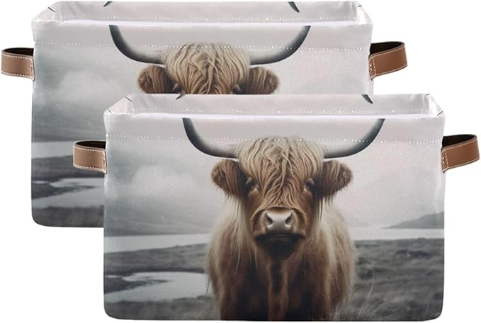 YETTASBIN Highland Cow Storage Basket 1pc, Large Collapsible Toys Clothes Organizer, Durable Canvas Storage Bin with Handle for Shelves Closet Laundry Home Office Decor