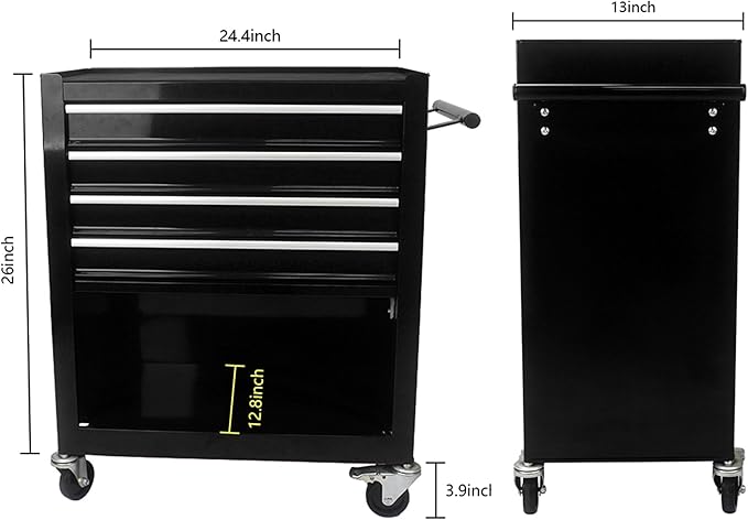 4-Drawer Rolling Tool Chest Cabinet, Large Capacity Metal Tool Box with Wheels, Storage Organizer Tool Cart for Garage, Warehouse, Work Shop (Black)