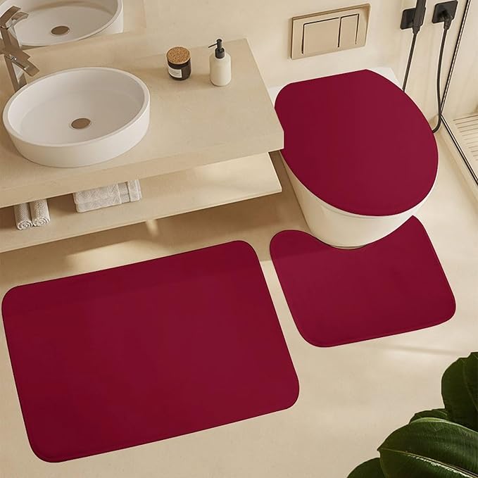 3 Pieces Bath Rug Sets, Burgundy Trend Color Bathroom Mat Set Non Slip U Shaped Contour Rug & Toilet Lid Cover