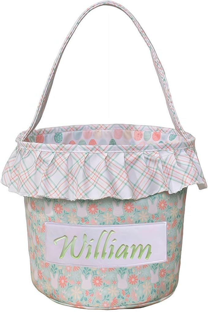 Personalized Easter Basket with Name for Kids Custom Embroidered Floral Bunny Egg Hunt Bag for Boys Girls Gingham Canvas Storage Bucket Cotton Rabbit Party Tote, Nursery Decor Storage Pouch