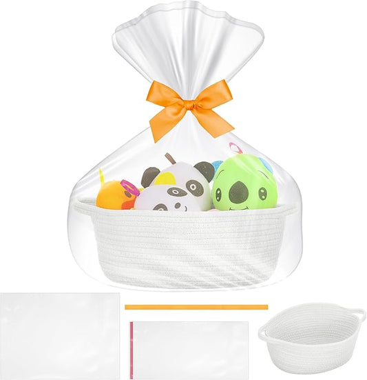 Small Woven Basket with Gift Bags and Ribbons, Durable Baskets for Gifts Empty, Rope Basket for Storage Baby Toy Baskets with Handles, White