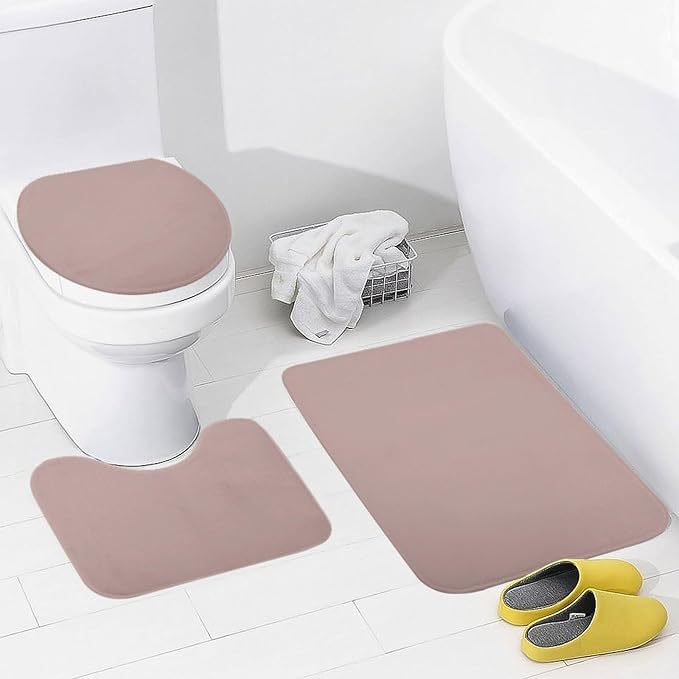 3 Pieces Bath Rug Sets, Dusty Pink Trend Color Bathroom Mat Set Non Slip U Shaped Contour Rug & Toilet Lid Cover