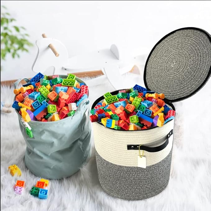 Cotton rope Storage Basket with Zipper cover & Woven baskets with Lid easy to move Multi-Purpose Storage Basket for Living Room, 13 x14 inches(Grey+White)