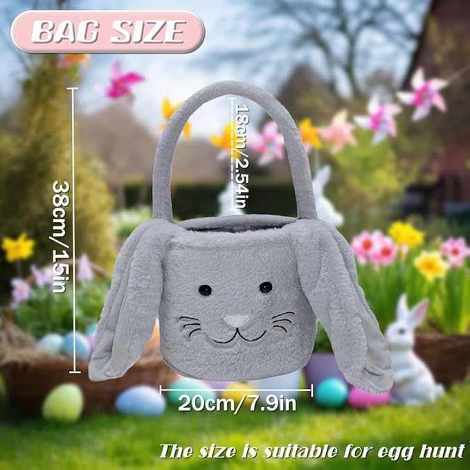 Easter Bunny Basket for Kids, Fluffy Easter Egg Hunt Bag Soft Fabric, Cute Rabbit Tote Bags with Long Plush Ear Easter Tote Bags for Candy Gifts Storage (Gray)