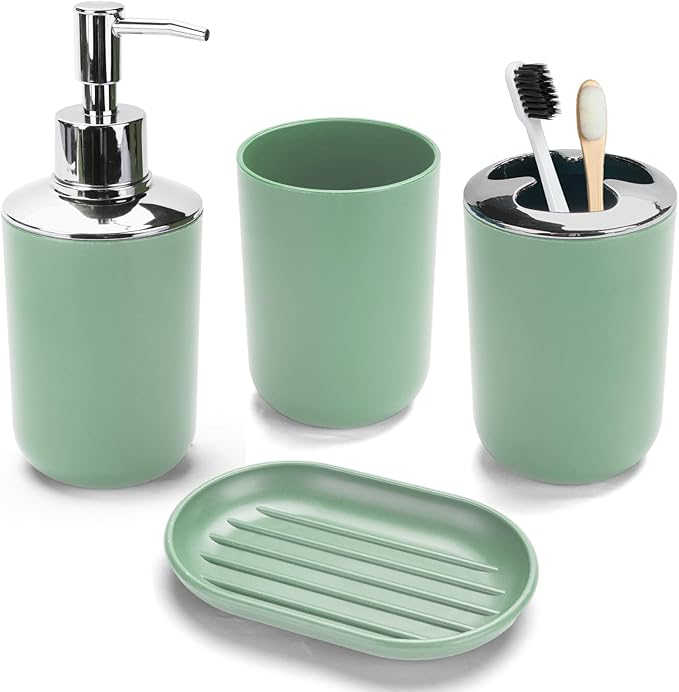4 Pcs Sage Green Bathroom Accessories Set,Bohemian Bathroom Toothbrush Holder Set.Include Soap Dispenser, Soap Dish, Toothbrush Holder, Mouthwash Cup, Modern Bahtroom Decor Set