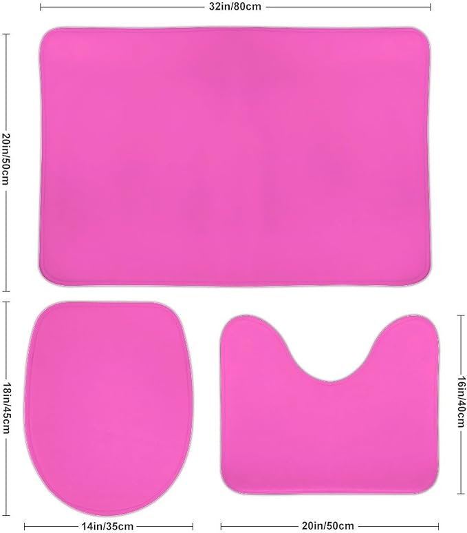 3 Pieces Bath Rug Sets, Bright Hot Pink Bathroom Mat Set Non Slip U Shaped Contour Rug & Toilet Lid Cover