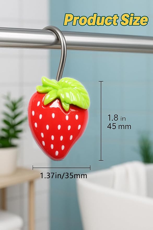12-Piece Strawberry Shower Curtain Hooks, Decorative Resin Fruit Shower Curtain Rings, Suitable for Bathroom Decor, Compatible with Standard Shower Curtain Rods