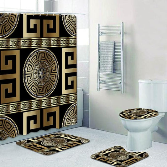 4 Pieces Bath Sets Geometric Black Gold Greek Key Meander,  Anti-Slip Bath Rug Floor Mat Home Decor Waterproof Shower Curtain Bathroom-4-Piece_Set