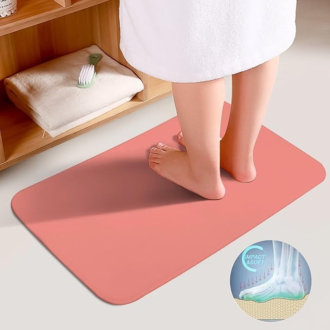 3 Pieces Bath Rug Sets, Solid Coral Pink Bathroom Mat Set Non Slip U Shaped Contour Rug & Toilet Lid Cover