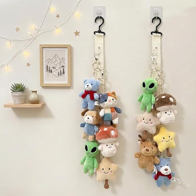 Plush Doll Hanging Storage Rope Display Rack with 8 Clips – Wall Hanging Organizer for Keychain Plushies, Mini Toys– Holds up to 3kg (2 PCS White)