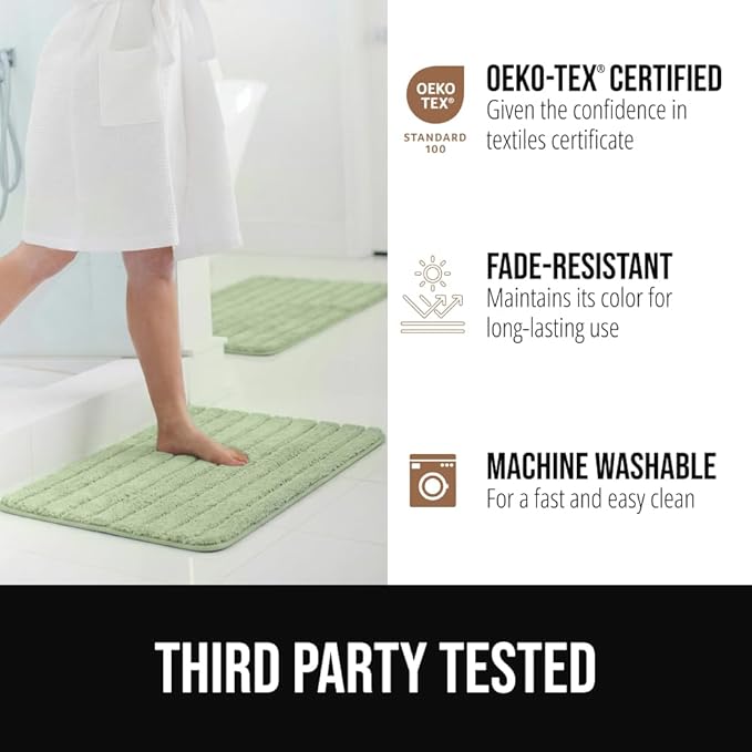 GORILLA GRIP Textured Backing Bathroom Rugs, Soft Memory Foam Absorbent Striped Bath Mats, Machine Washable & Fade Resistant, Bathmat Accessories for Floor, Home Decor Shower Essentials, Sage 24x16