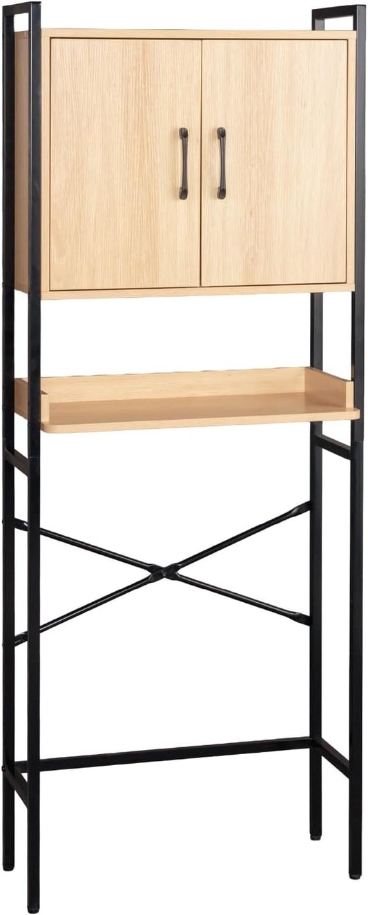 Karl home Over The Toilet Storage Cabinet with Double Doors, Bathroom Space Saver Toilet Paper Holder & Hook, Adjustable Shelf & Bottom Bar, Open Storage Cube, Organizer for Laundry, Restroom