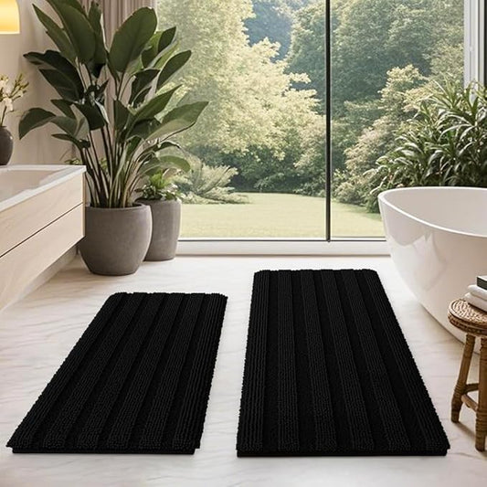 ACCUMTEK Striped Black Bathroom Rug Mat Set 2 piece 32"x20"+24"x17" Ultra Soft, Non Slip Chenille Bath Rugs, Absorbent Plush Shaggy Bath Mats for Bathroom, Bedroom, Kitchen, Shower, Tub