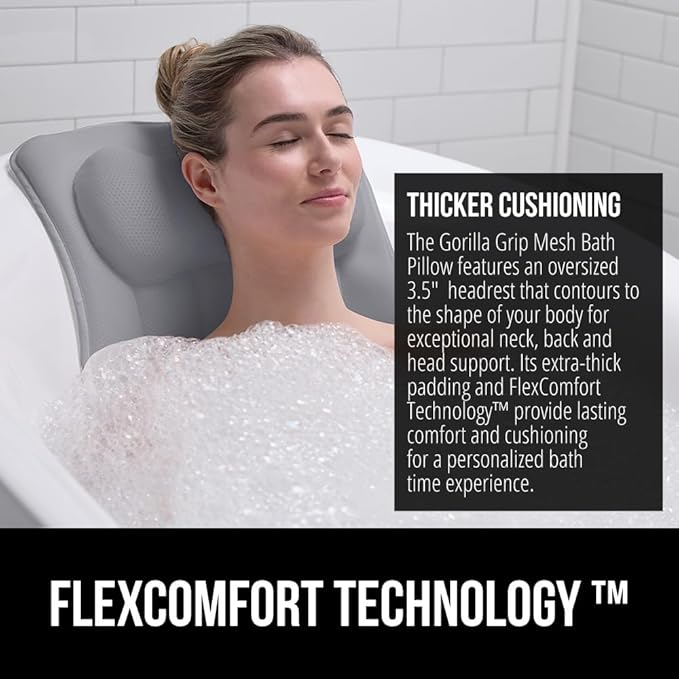 GORILLA GRIP Bath Pillow for Tub, Strong Suction Cups, Headrest with Mesh FlexComfort Technology, Neck, Head and Back Support, Luxury Machine Wash Bathtub Pillows, Spa Essential Accessories, Gray