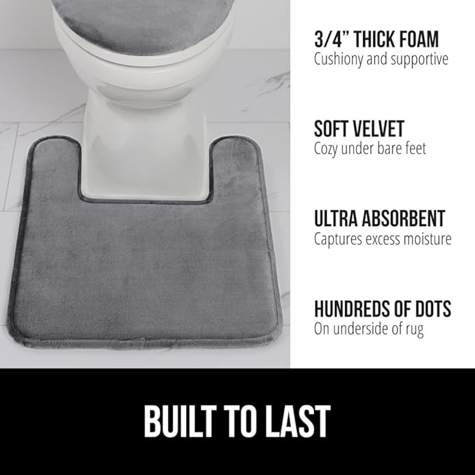 GORILLA GRIP Thick Memory Foam Toilet Rug for Bathroom, Square Shaped Washable, Soft Absorbent Velvet Topside Floor Mats, Machine Wash, Cushioned Luxury Rugs for Bath Room, 22.5x19.5, Graphite Gray