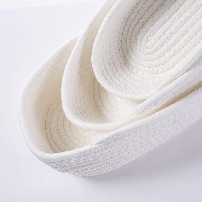 Cotton Rope Handmade Woven Home Storage Household Candy Toys Storage Basket Sundries Collection Box Candy Snack Food Tray SML Pack of 3 (Oval, White)