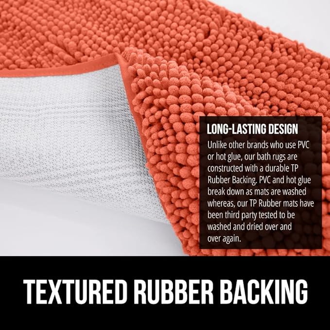 GORILLA GRIP Plush Absorbent Shaggy Chenille Bath Rug Mat for Square Toilet Base with Rubber Backing, Machine Washable Rugs, Soft Microfiber Contour Mats for Toilets, Bathroom Decor, Coral