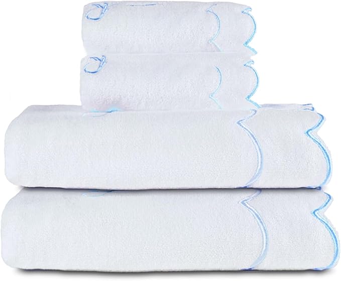 4 Set Cute Blue Coquette Bow Bath Towels Set 2 Bath Towels 2 Hand Towels Soft Embroidered Preppy Decorative Scalloped Towels for Bathroom (Blue)
