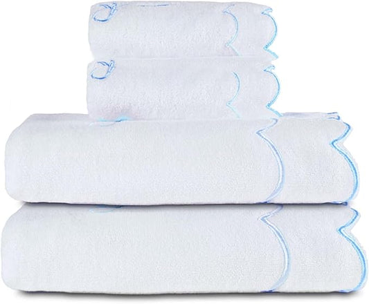 4 Set Cute Blue Coquette Bow Bath Towels Set 2 Bath Towels 2 Hand Towels Soft Embroidered Preppy Decorative Scalloped Towels for Bathroom (Blue)
