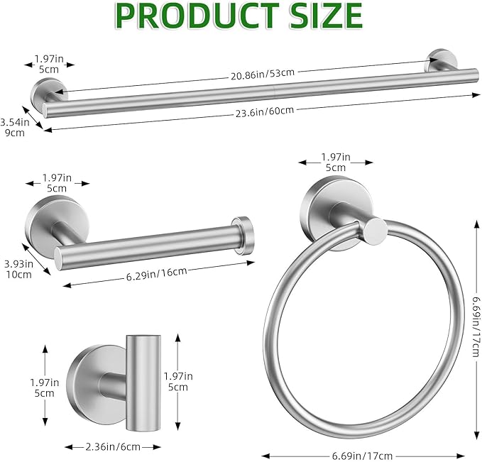 10-Piece Brushed Nickel Towel Bar Set,Bathroom Hardware Accessories Set,23.6 Inch Towel Bar-Towel Racks Set,Stainless Steel Wall Mounted Brushed Towel Holder Set